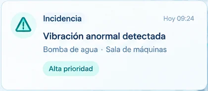 Aviso de incidencia en MTPlanner: vibración anormal detectada en una bomba de agua, alta prioridad