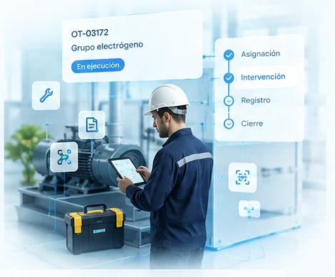 Técnico con tablet ejecutando la orden de trabajo OT-03172 sobre un grupo electrógeno en MTPlanner
